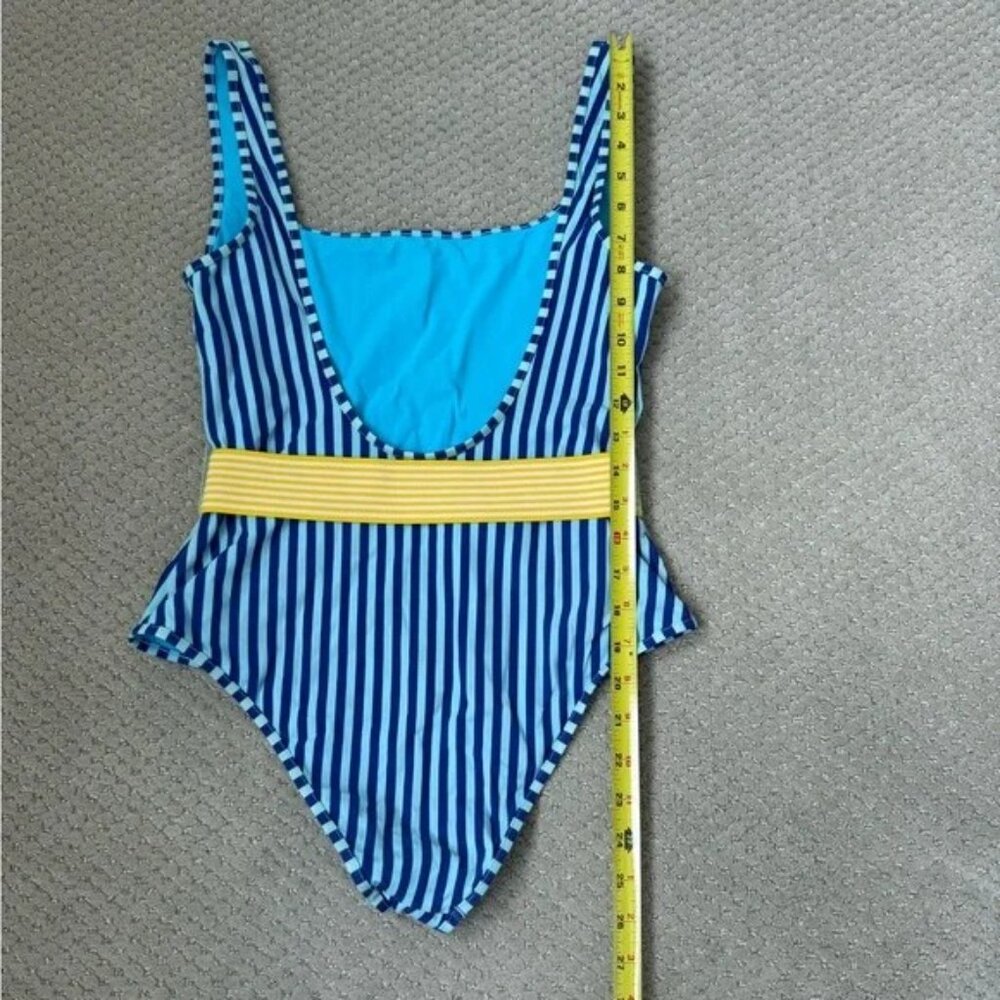Diane Von Furstenberg Belted One Piece Swimsuit Blue Stripe Yellow Belt Size M - Picture 10 of 11